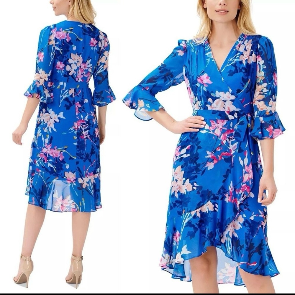 Adrianna Papell Blue Floral Faux Wrap Y2K 90s Fairy Flowy Ruffle Dress Size 4 - Picture 1 of 12
